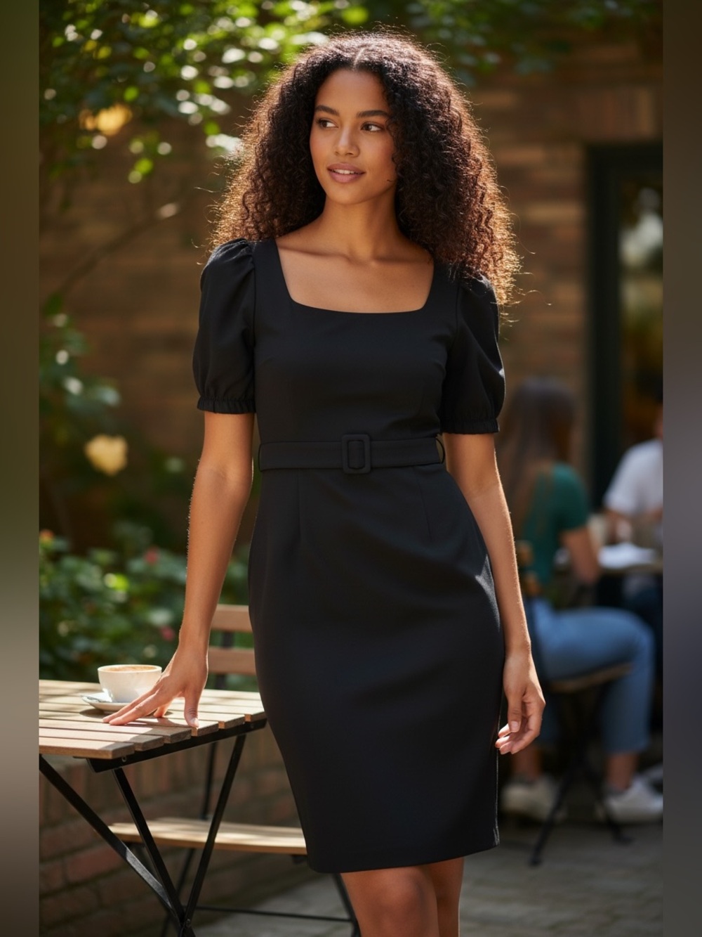 ABS Allen Schwartz Navy Midi Dress with Puff Sleeves and Waist Bow